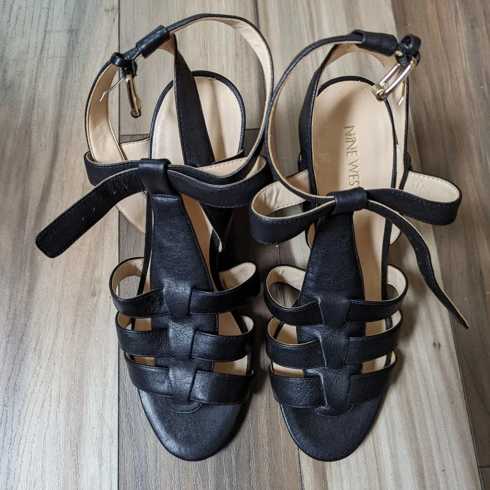 NINE WEST Women's Wedge Leather Sandals Gold Buckle Black Strap 4" Heel … - Picture 8 of 8